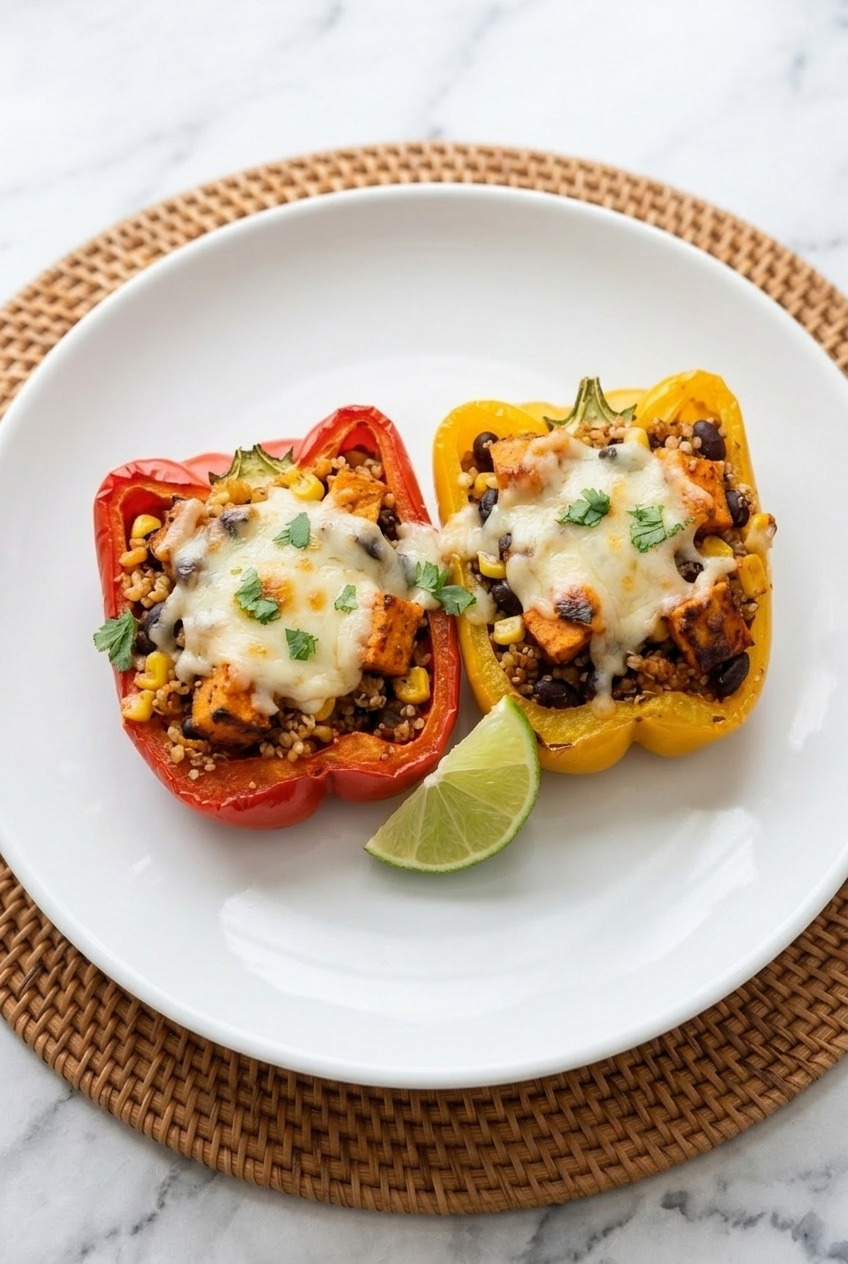 quinoa and sweet potato stuffed peppers served