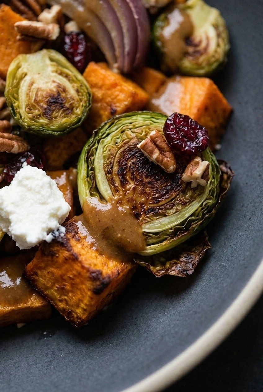 roasted sweet potato and brussels sprout salad with maple dijon close up
