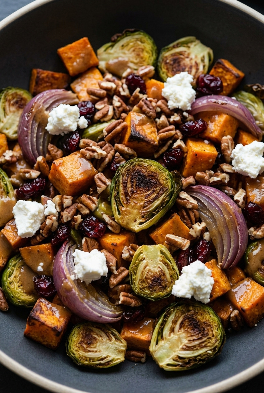 roasted sweet potato and brussels sprout salad with maple dijon