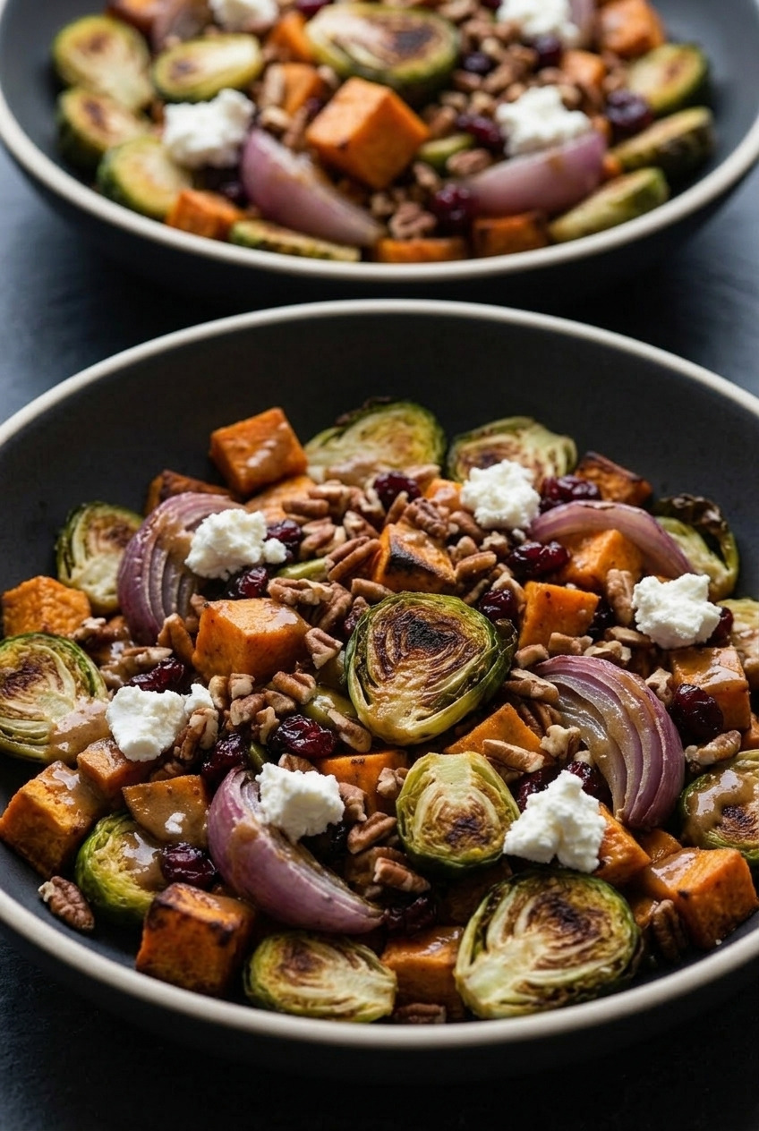 roasted sweet potato and brussels sprout salad with maple dijon dinner scene