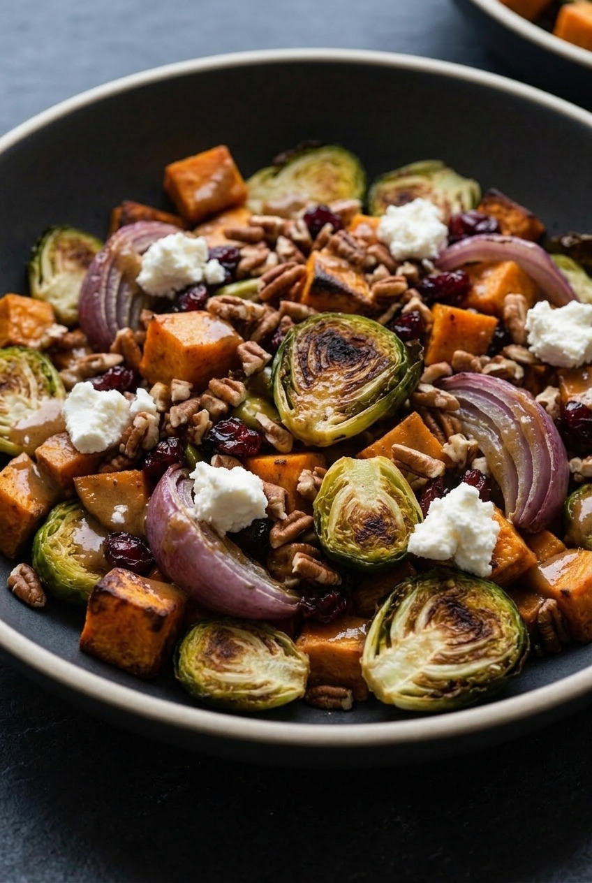 roasted sweet potato and brussels sprout salad with maple dijon side view