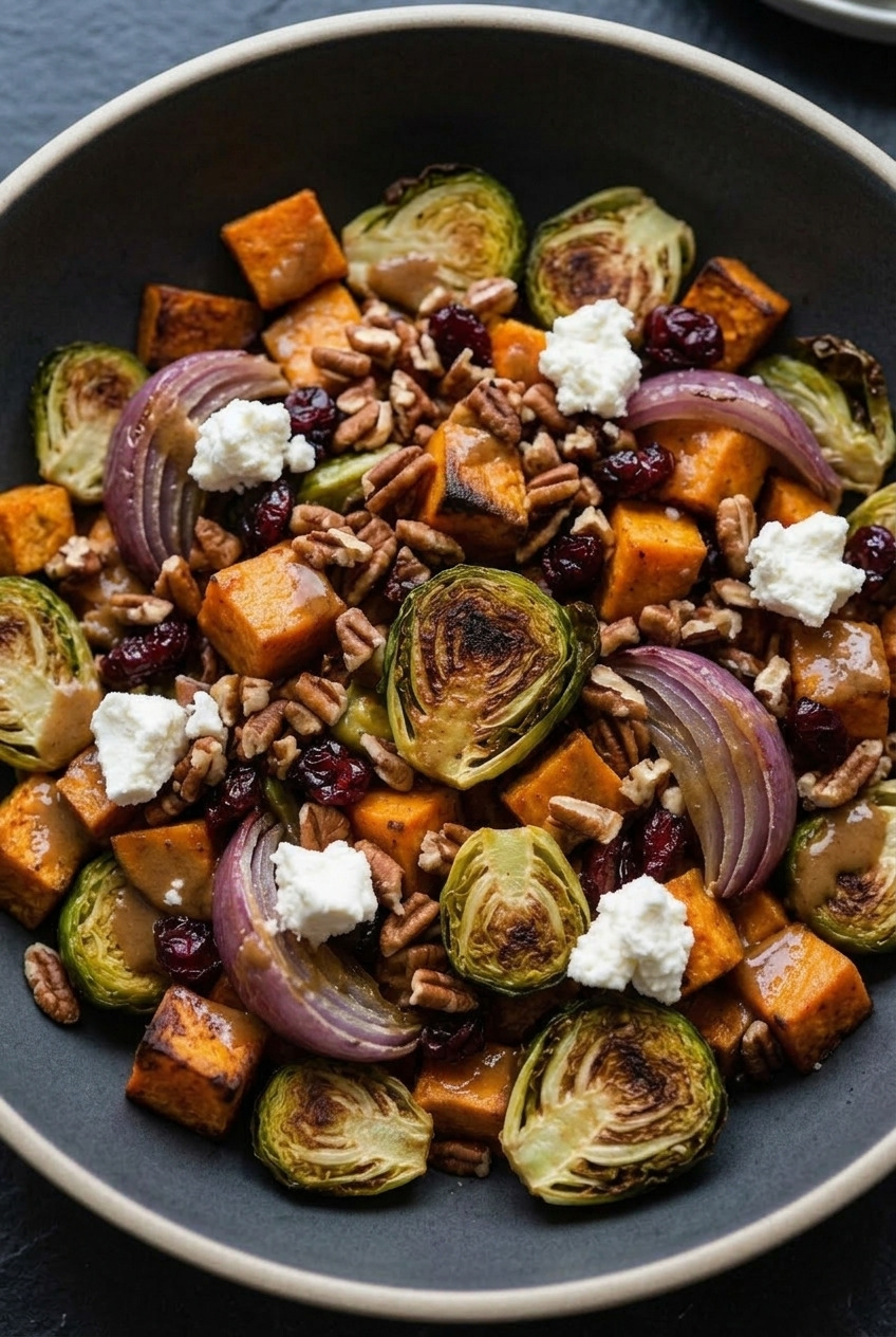 roasted sweet potato and brussels sprout salad with maple dijon served