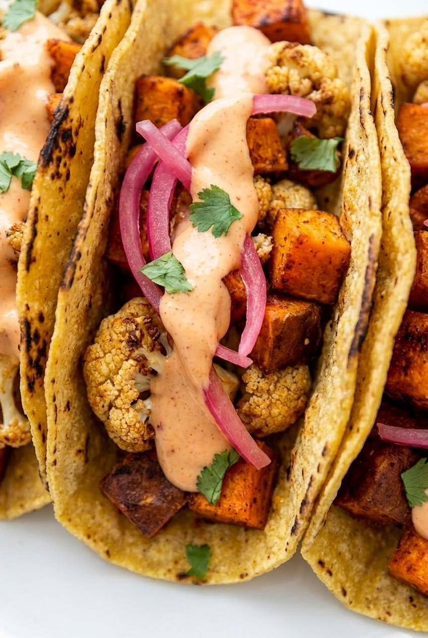 roasted sweet potato and cauliflower tacos with chipotle sauce close up