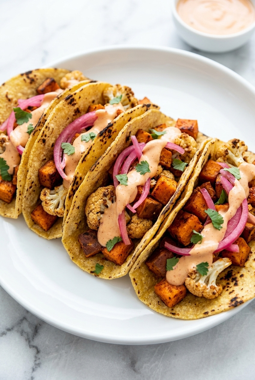 roasted sweet potato and cauliflower tacos with chipotle sauce