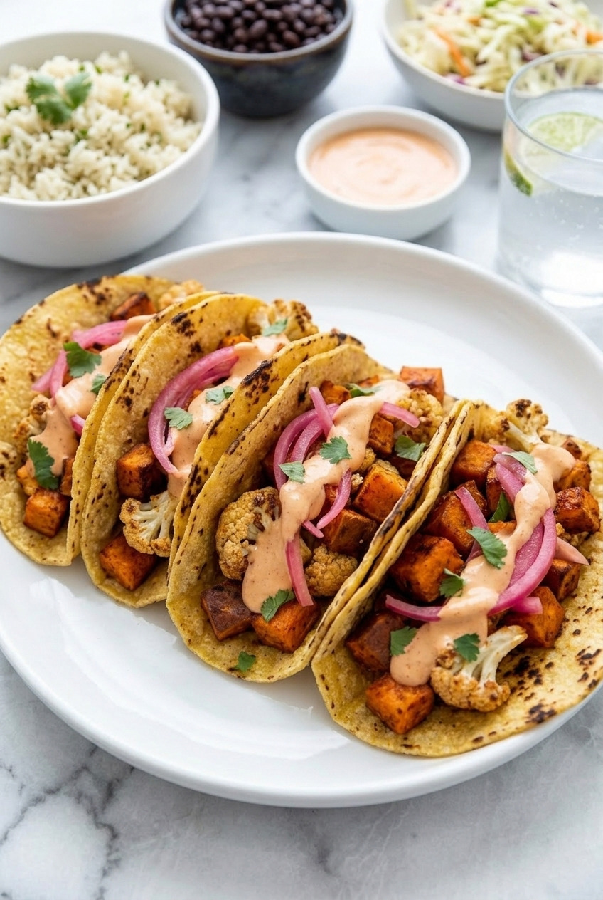 roasted sweet potato and cauliflower tacos with chipotle sauce complete meal