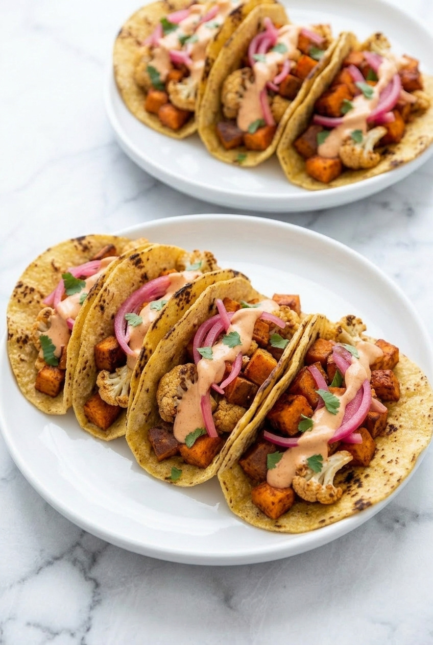 roasted sweet potato and cauliflower tacos with chipotle sauce dinner scene