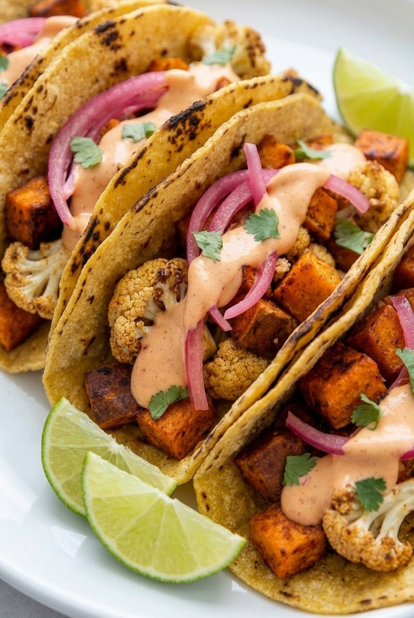 roasted sweet potato and cauliflower tacos with chipotle sauce side view