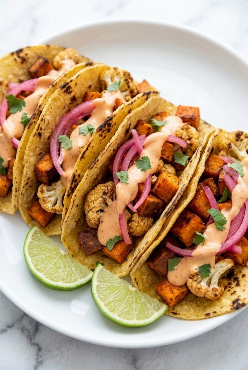 roasted sweet potato and cauliflower tacos with chipotle sauce served