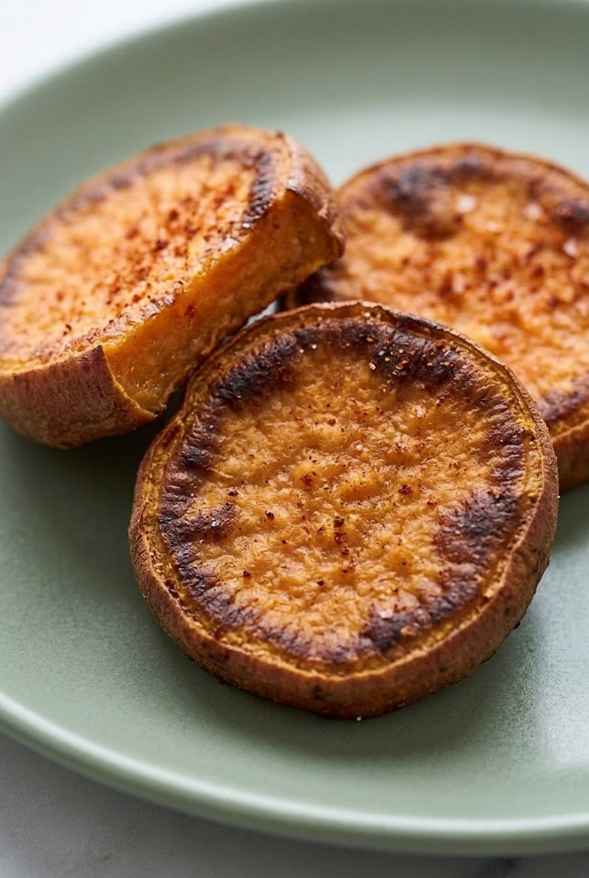 roasted sweet potato rounds close up