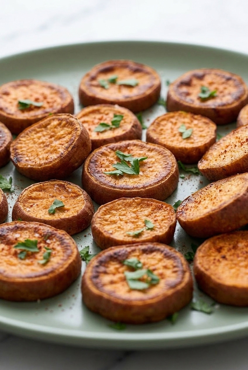 roasted sweet potato rounds side view