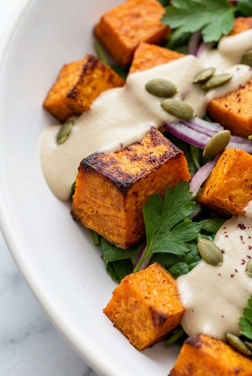 roasted sweet potato salad with tahini dressing close up
