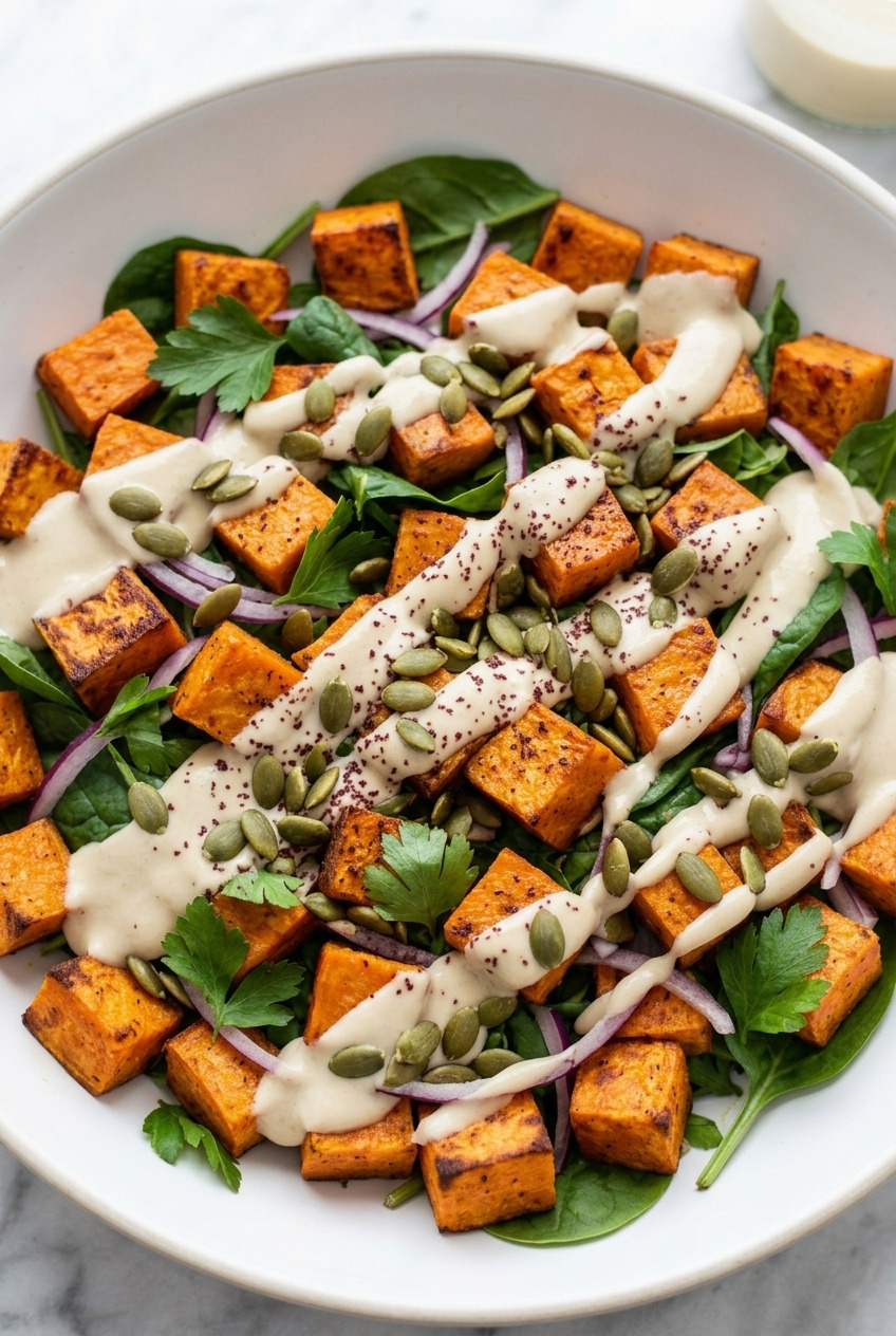 roasted sweet potato salad with tahini dressing