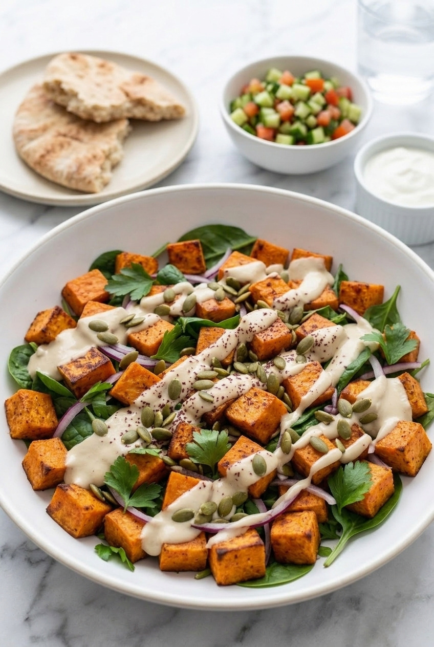 roasted sweet potato salad with tahini dressing complete meal