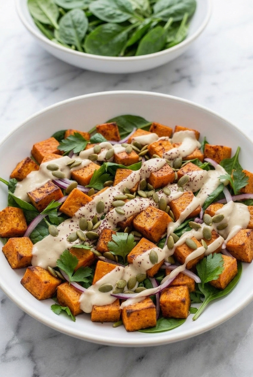 roasted sweet potato salad with tahini dressing dinner scene