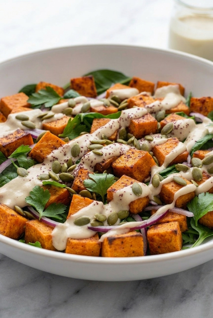 roasted sweet potato salad with tahini dressing side view