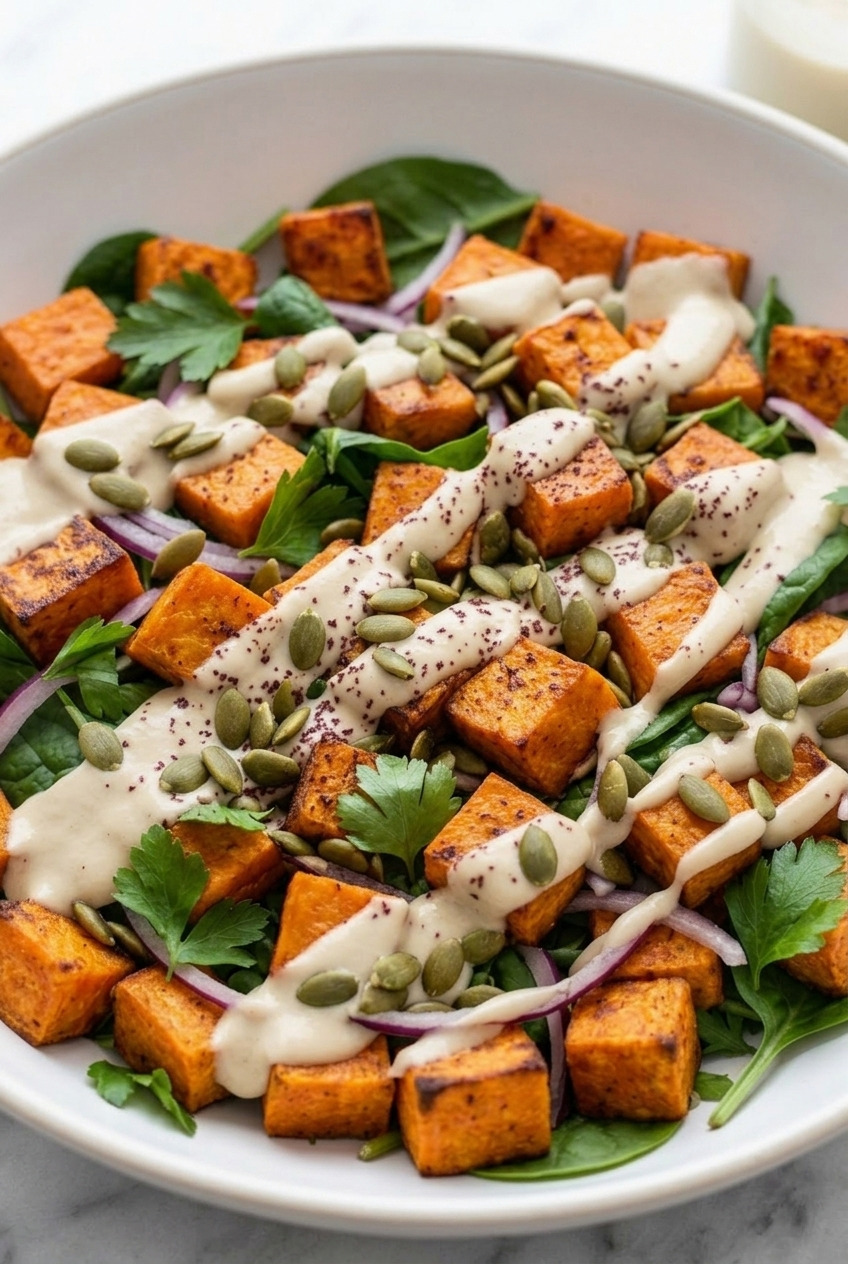 roasted sweet potato salad with tahini dressing served
