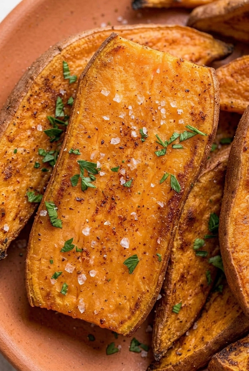 roasted sweet potato wedges close up