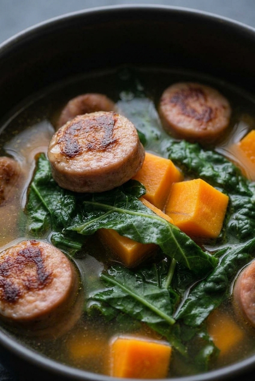 sausage kale and sweet potato soup close up