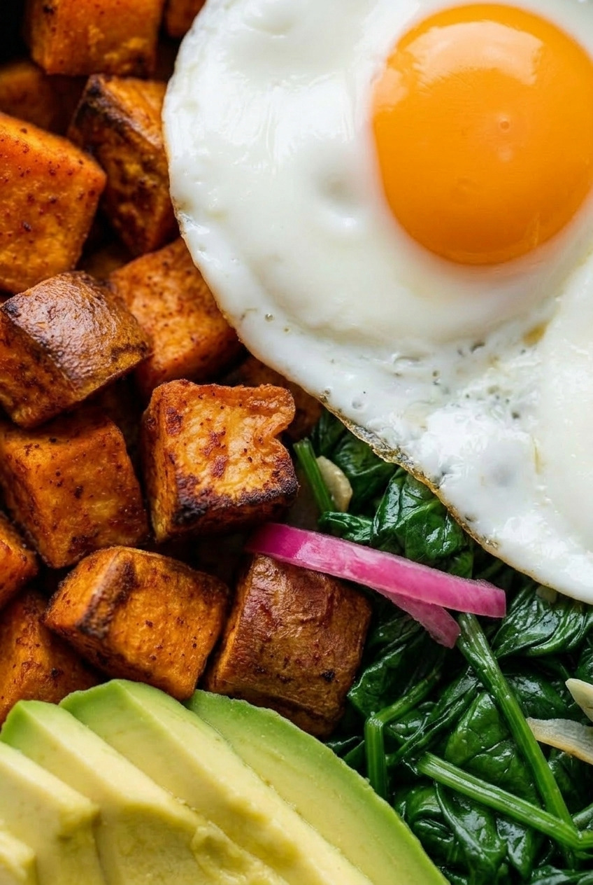 savory sweet potato breakfast bowl with eggs and greens close up