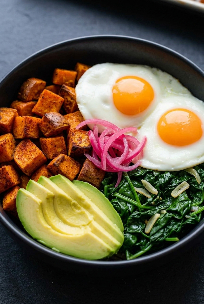 savory sweet potato breakfast bowl with eggs and greens
