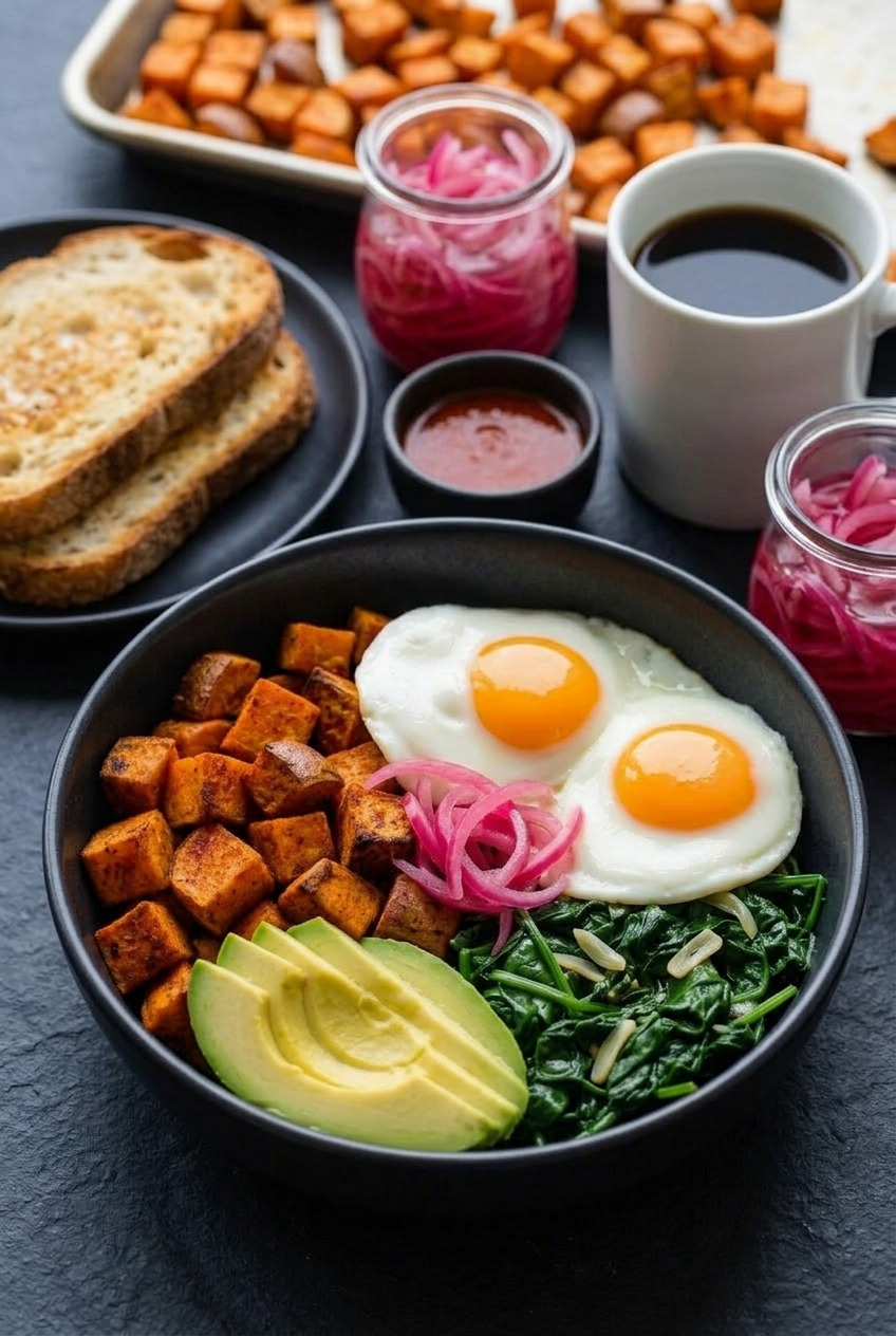 savory sweet potato breakfast bowl with eggs and greens complete meal