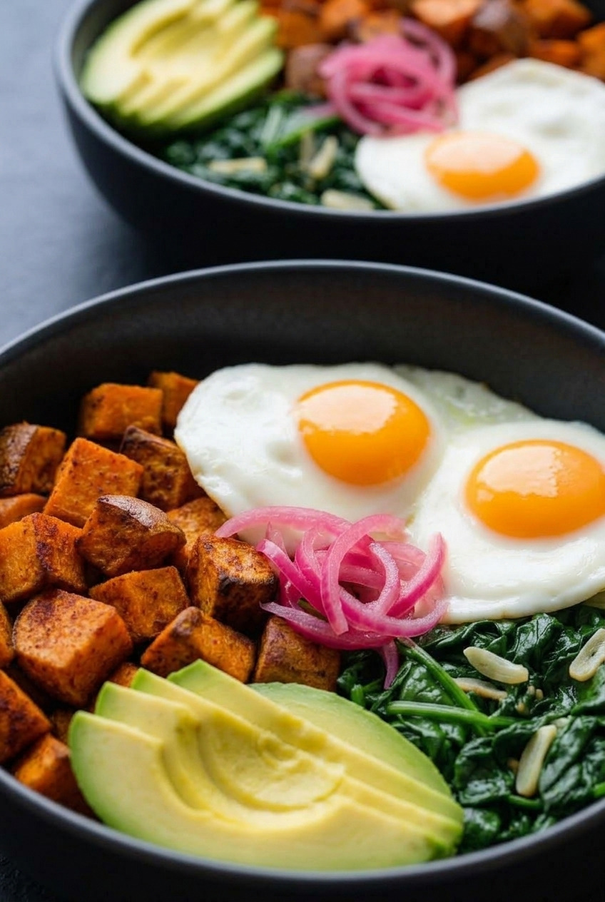 savory sweet potato breakfast bowl with eggs and greens dinner scene