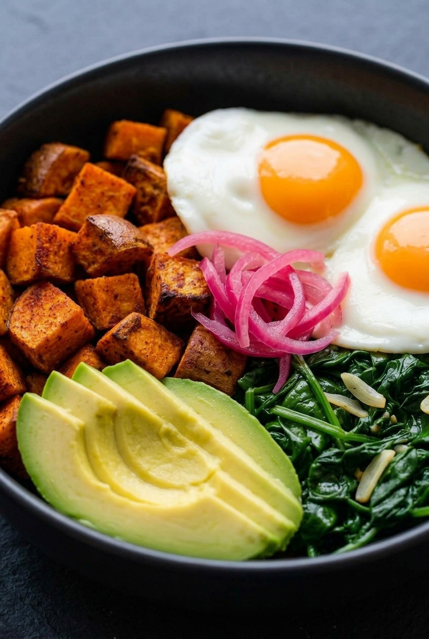 savory sweet potato breakfast bowl with eggs and greens side view