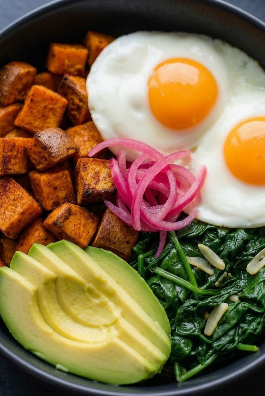 savory sweet potato breakfast bowl with eggs and greens served