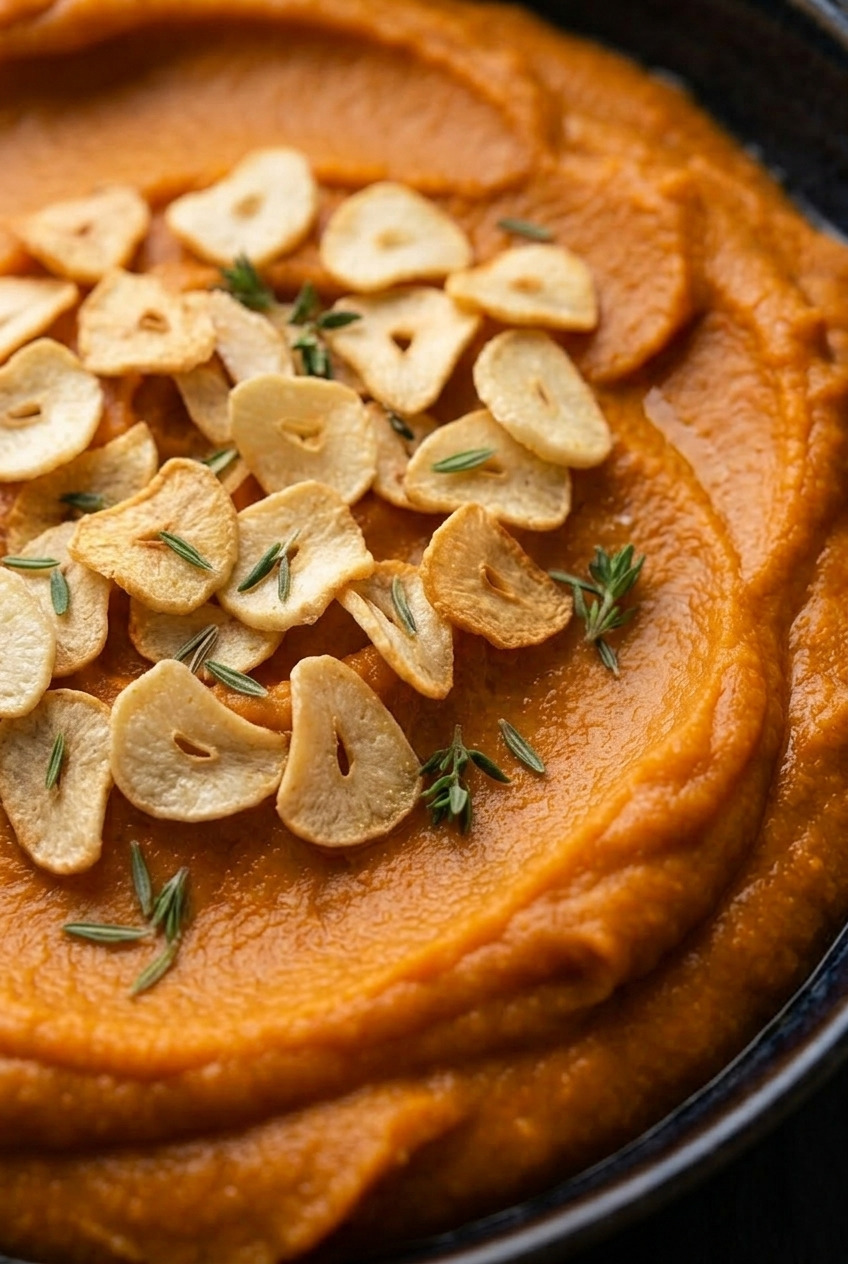 savory whipped sweet potatoes with crispy garlic chips close up