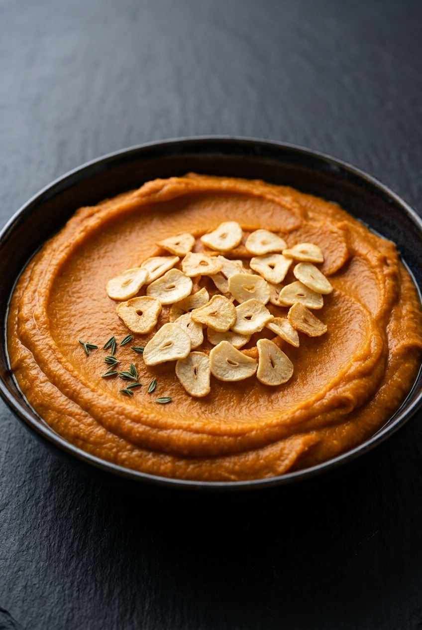 savory whipped sweet potatoes with crispy garlic chips