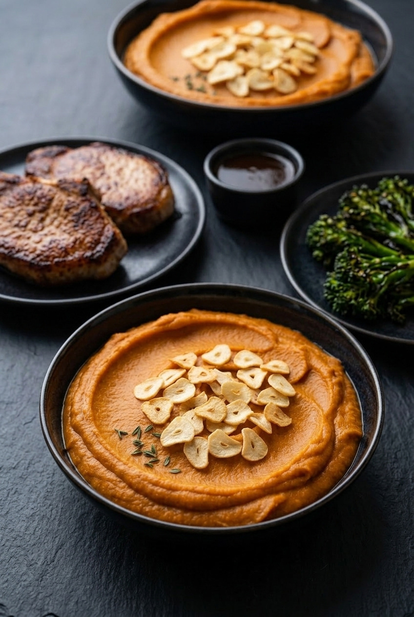 savory whipped sweet potatoes with crispy garlic chips complete meal