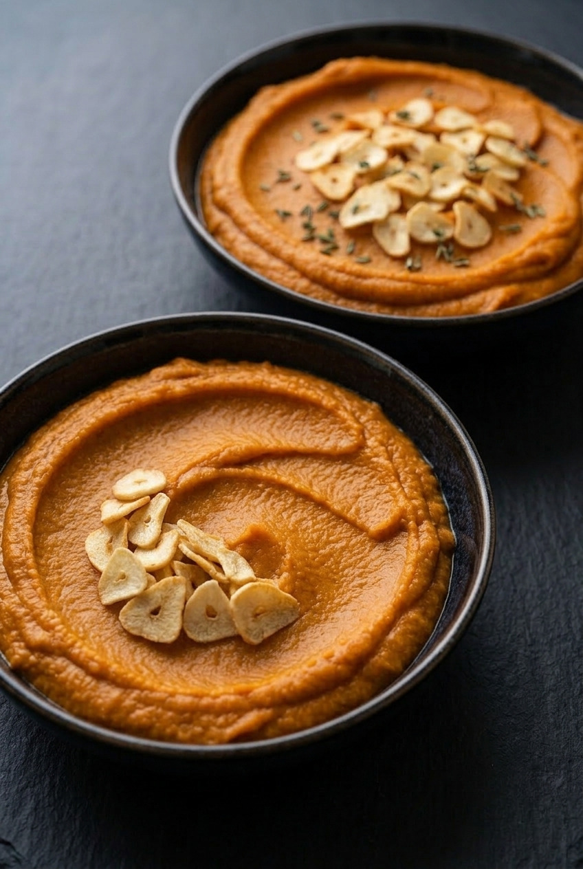 savory whipped sweet potatoes with crispy garlic chips dinner scene