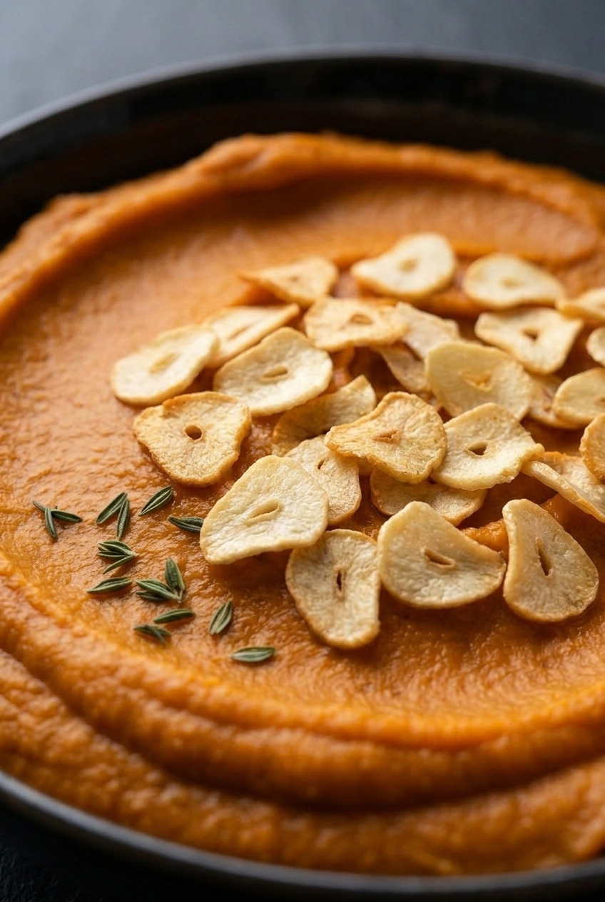 savory whipped sweet potatoes with crispy garlic chips side view