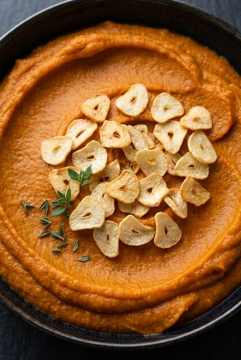 savory whipped sweet potatoes with crispy garlic chips served