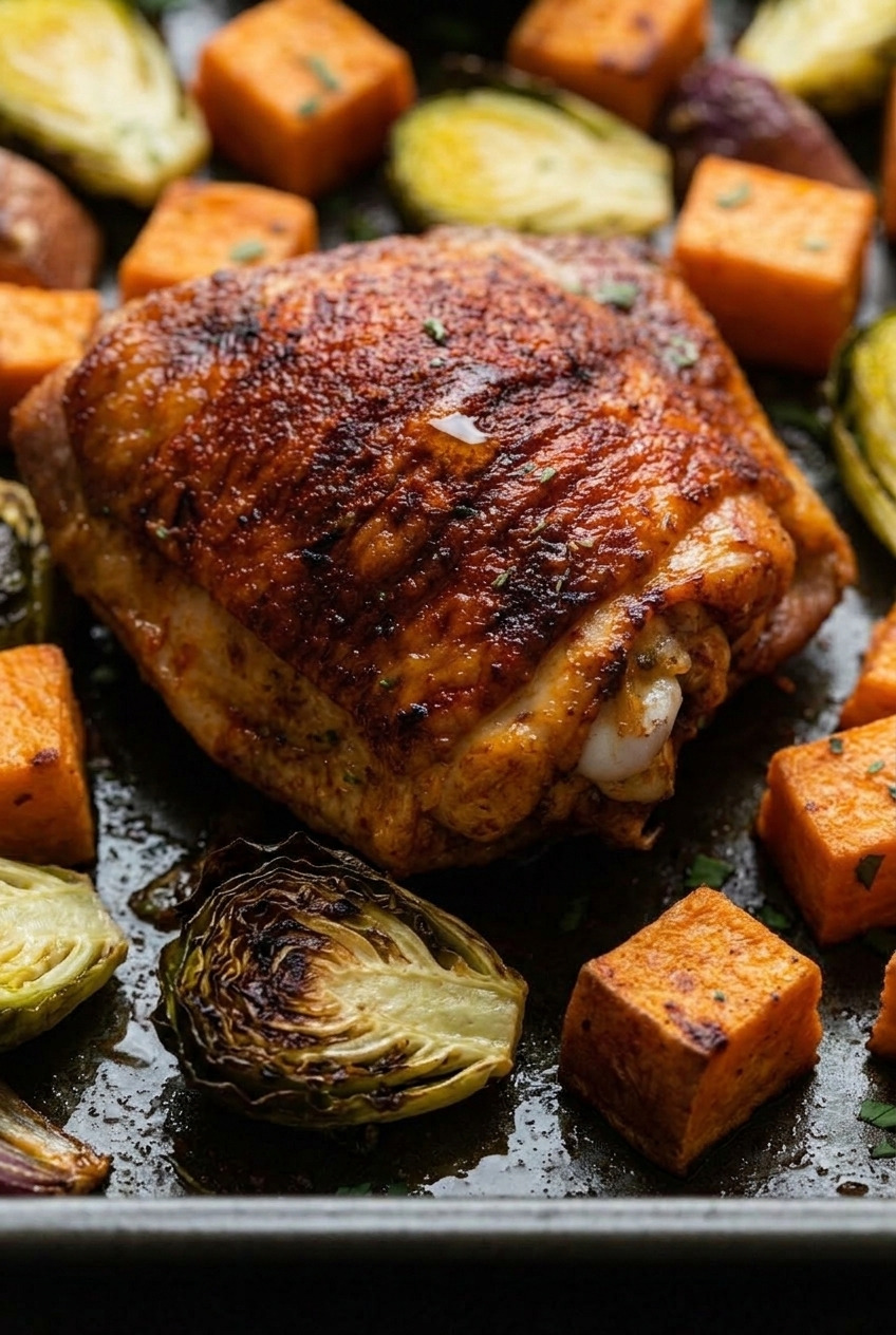 sheet pan chicken thighs with sweet potatoes and brussels sprouts close up