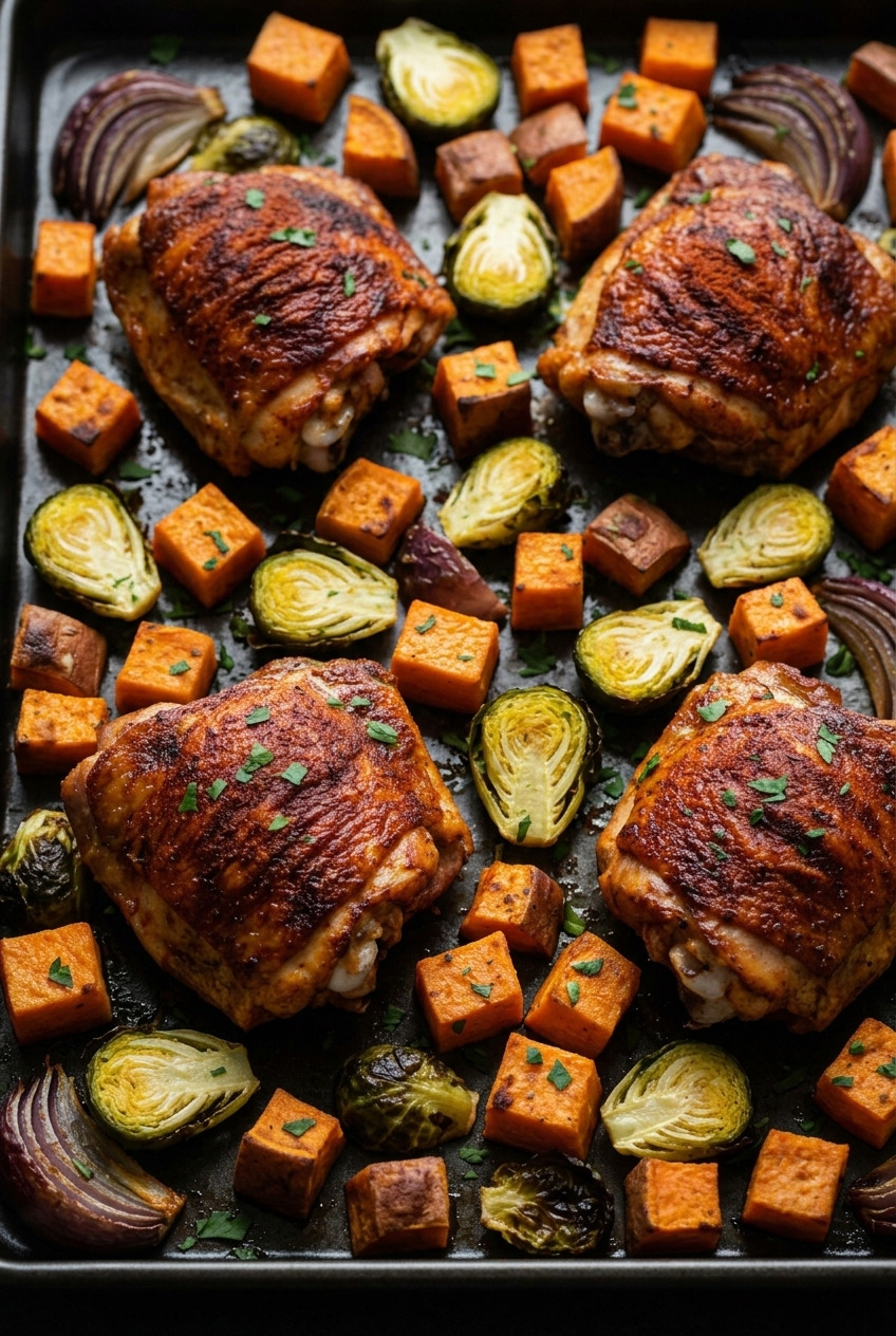 sheet pan chicken thighs with sweet potatoes and brussels sprouts