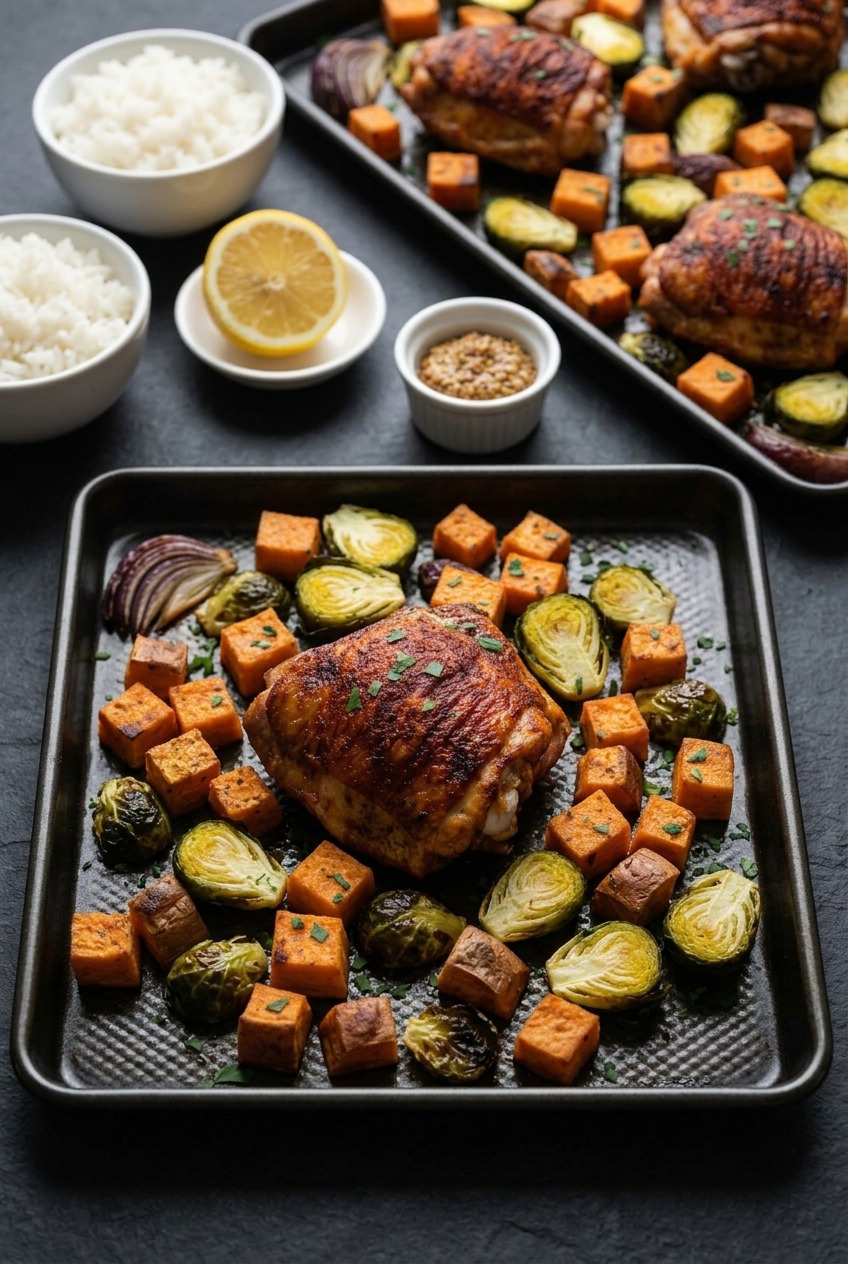 sheet pan chicken thighs with sweet potatoes and brussels sprouts complete meal