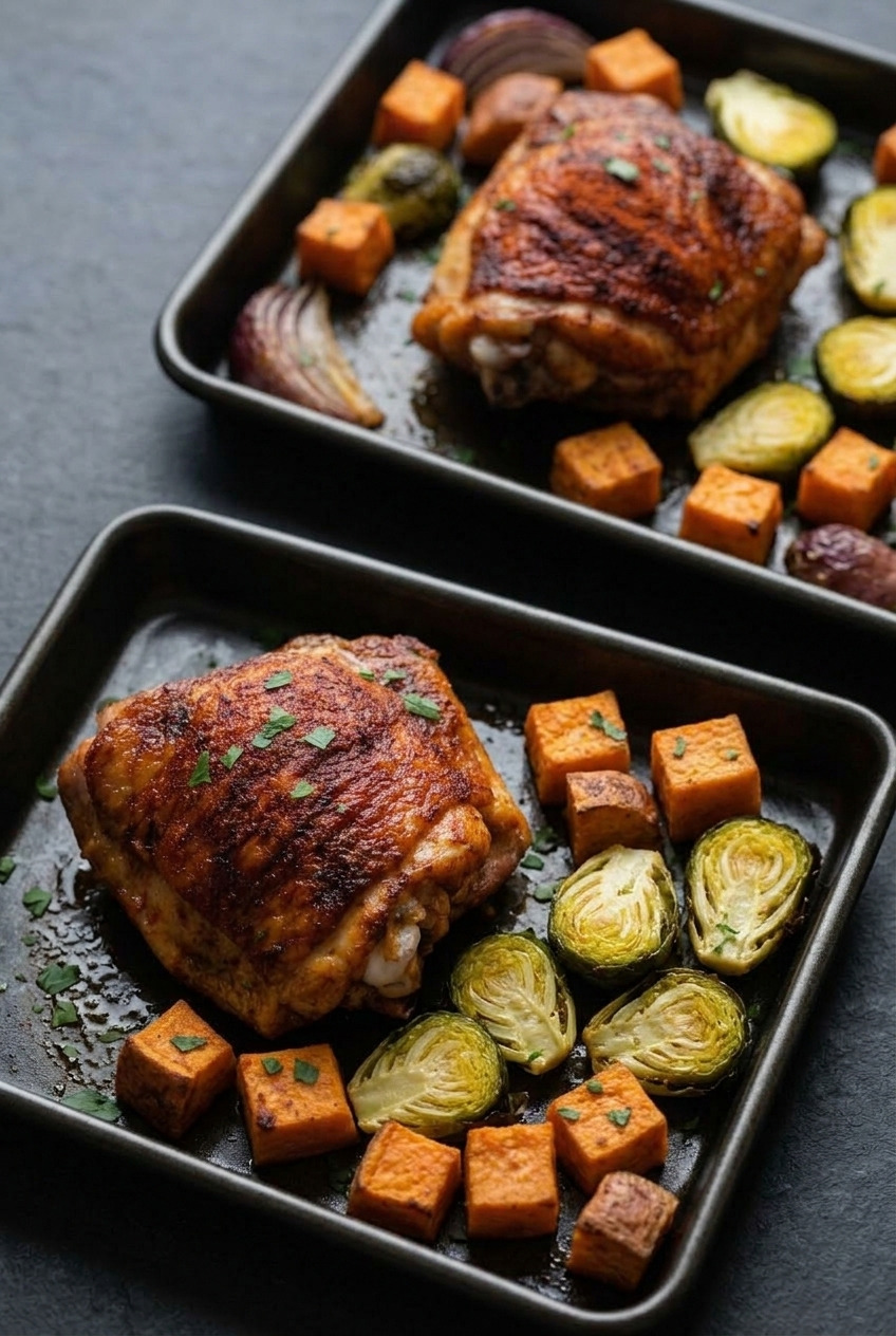 sheet pan chicken thighs with sweet potatoes and brussels sprouts dinner scene