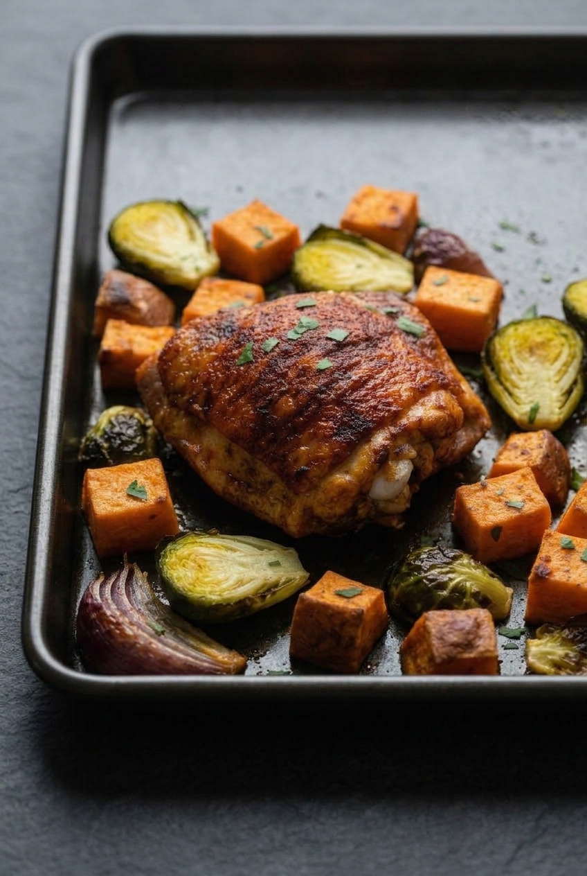 sheet pan chicken thighs with sweet potatoes and brussels sprouts side view