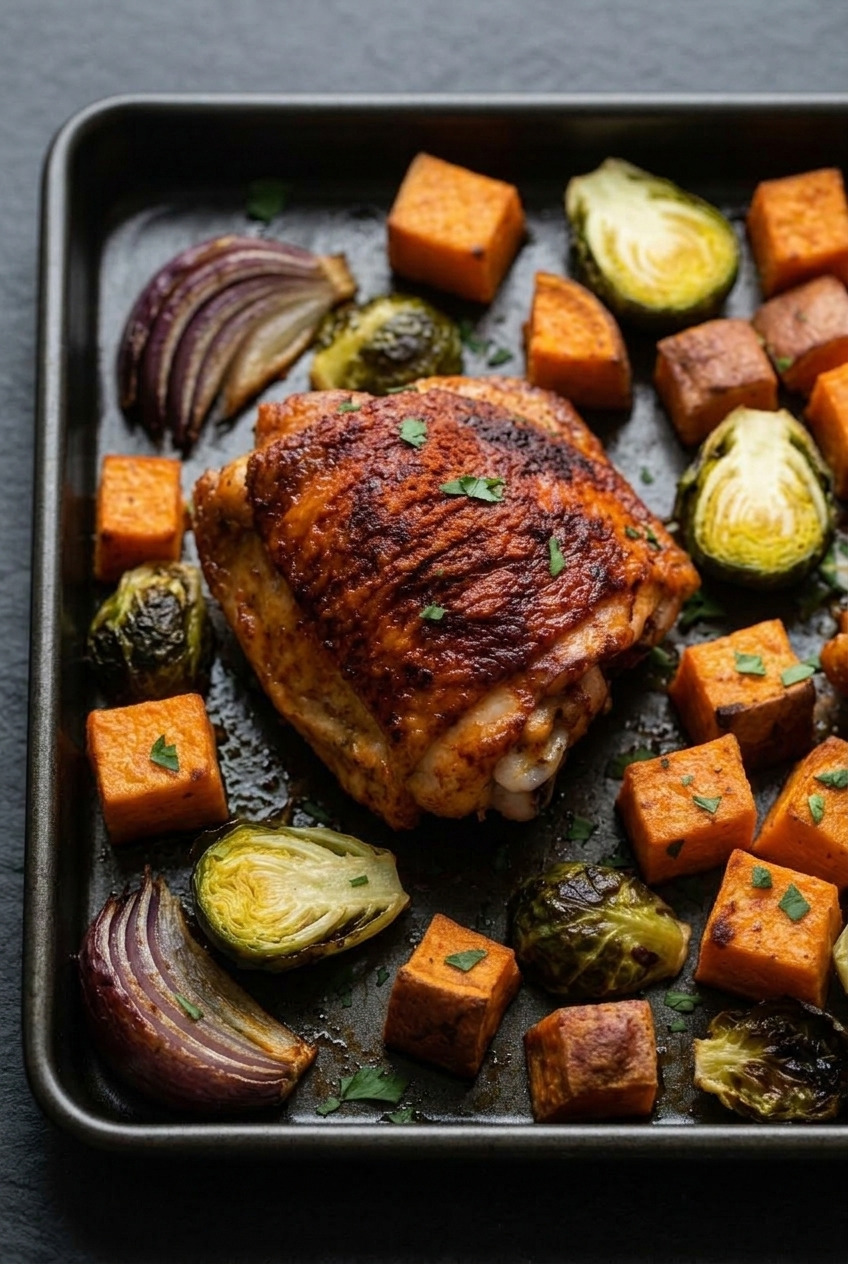 sheet pan chicken thighs with sweet potatoes and brussels sprouts served