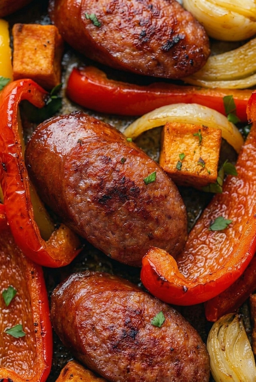 sheet pan sausage and sweet potatoes with peppers close up