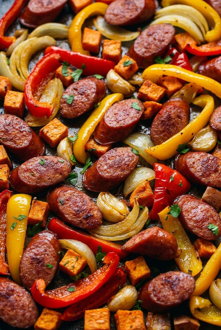 sheet pan sausage and sweet potatoes with peppers