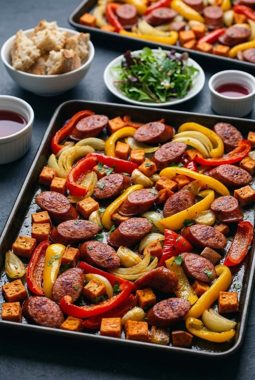 sheet pan sausage and sweet potatoes with peppers complete meal
