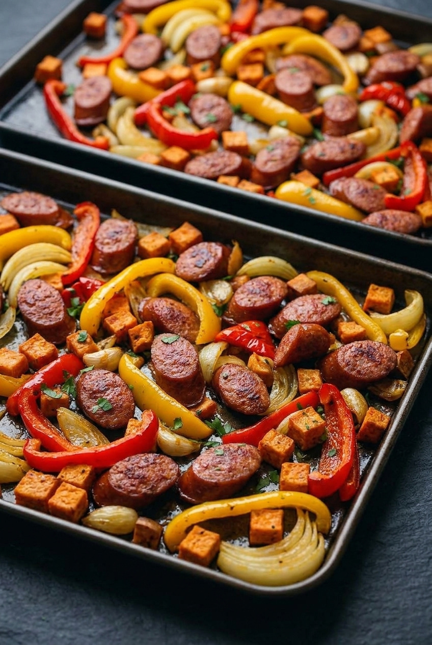 sheet pan sausage and sweet potatoes with peppers dinner scene