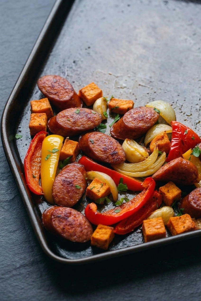 sheet pan sausage and sweet potatoes with peppers side view