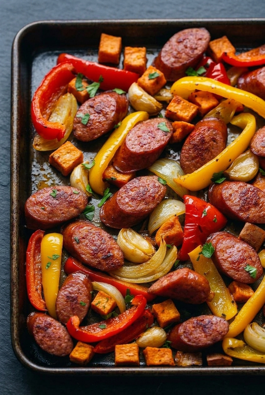 sheet pan sausage and sweet potatoes with peppers served