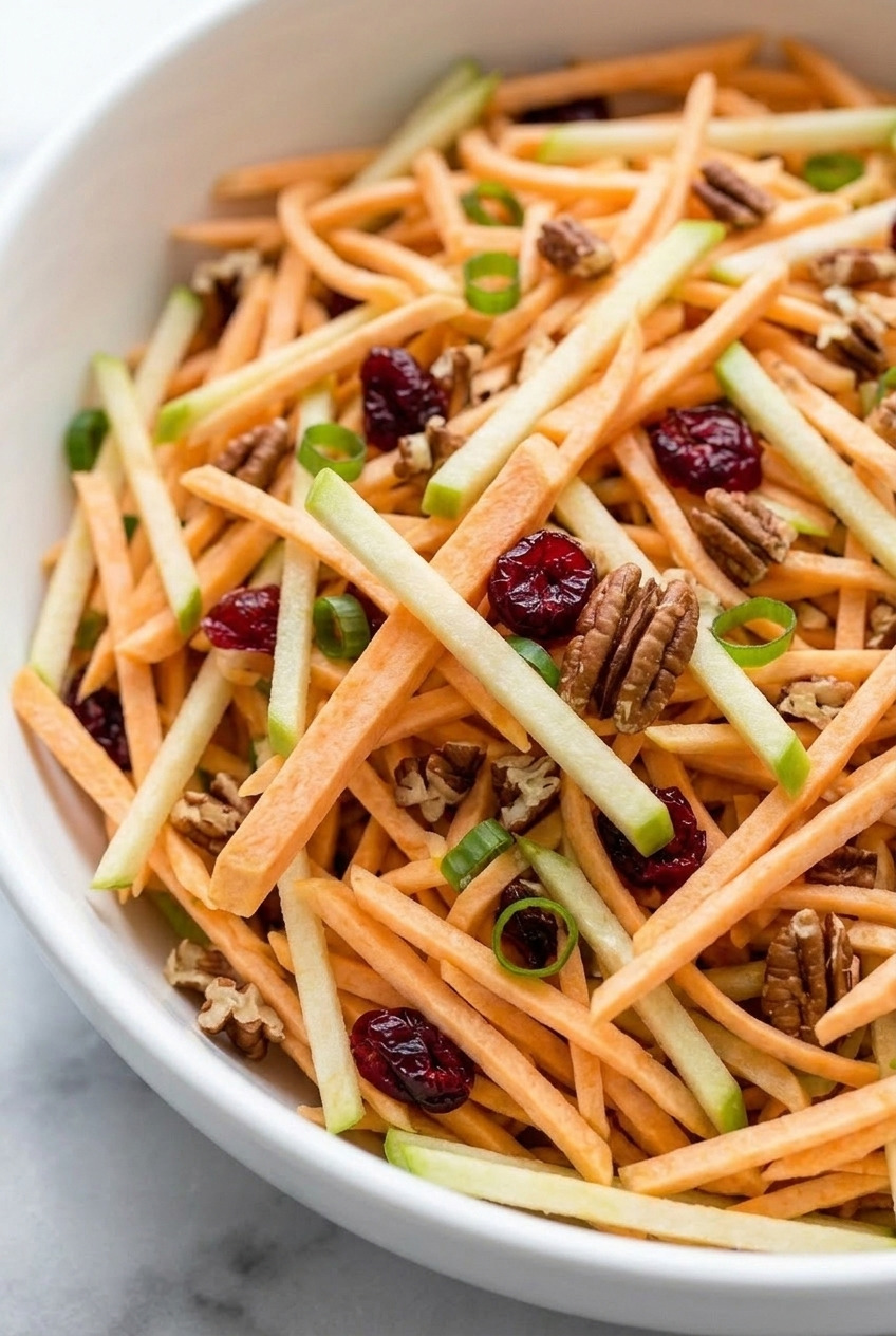 shredded raw sweet potato slaw with apple close up