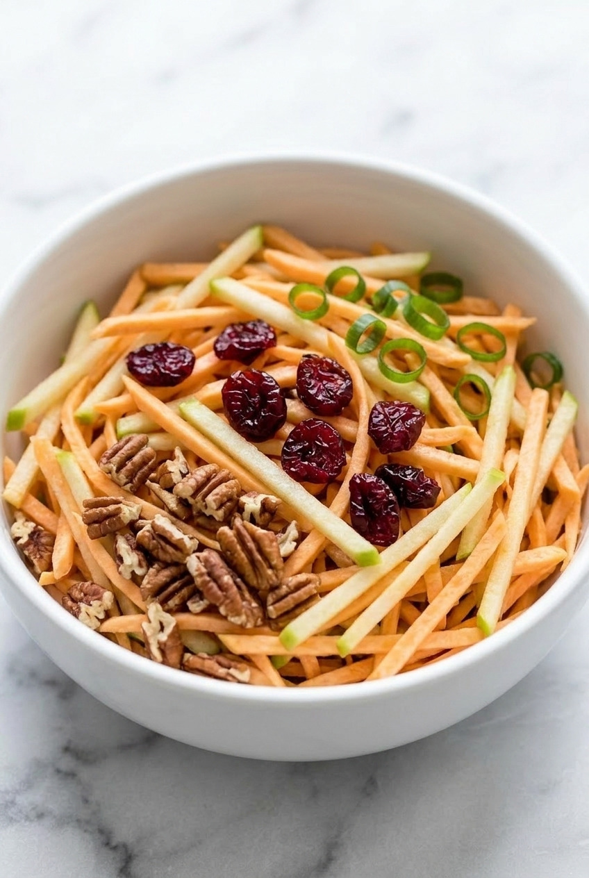 shredded raw sweet potato slaw with apple side view