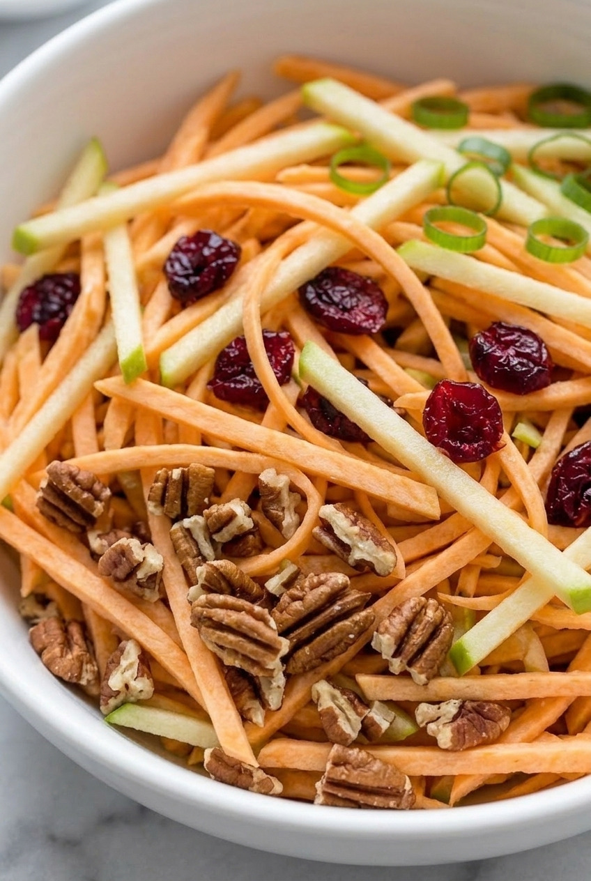 shredded raw sweet potato slaw with apple served