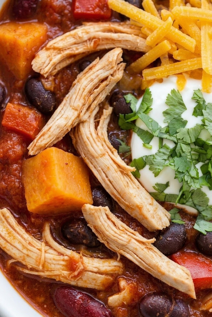 slow cooker sweet potato chicken chili close up